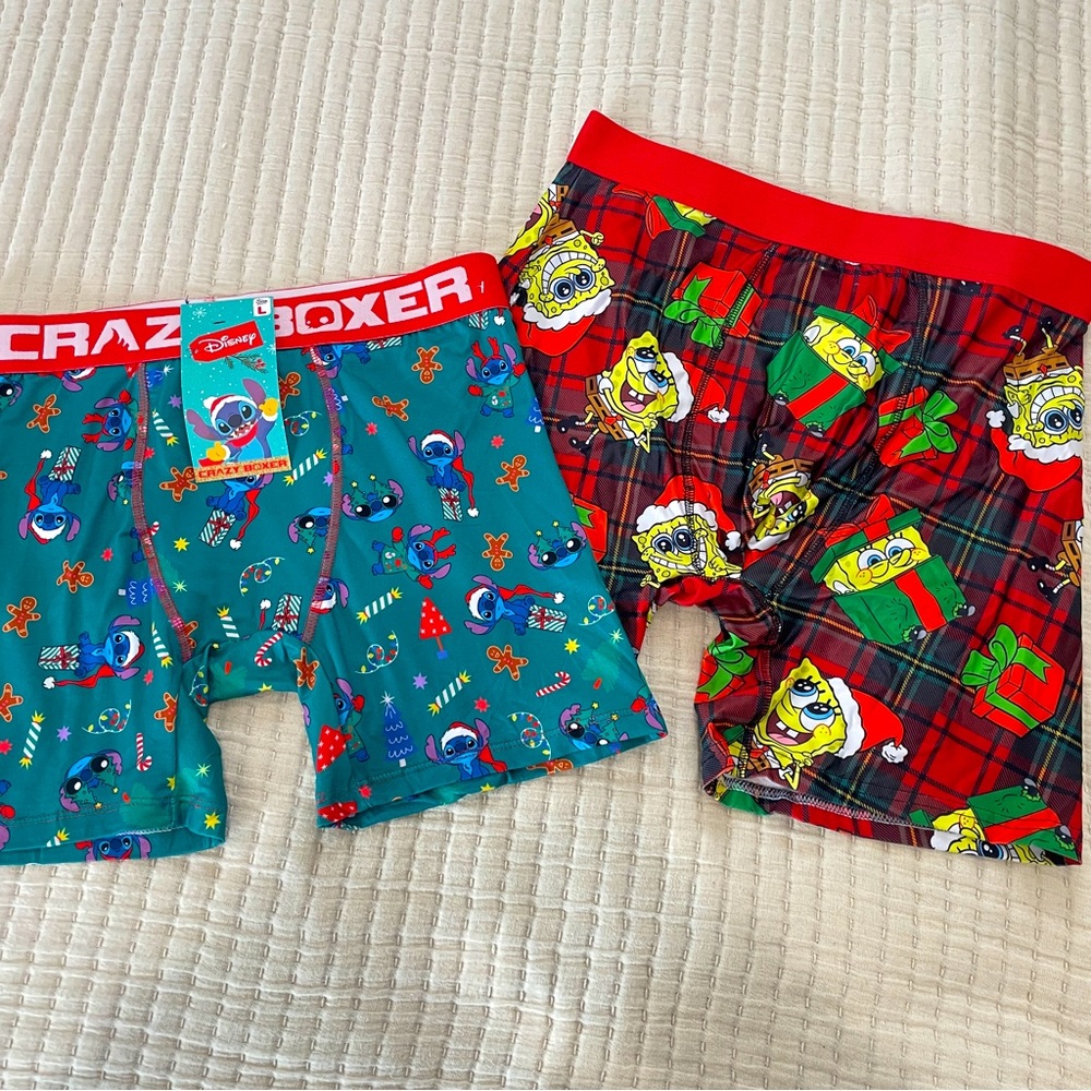NEW Crazy Boxer Mens Christmas Underwear 2 Pack Stitch SpongeBob‎ Holiday Large